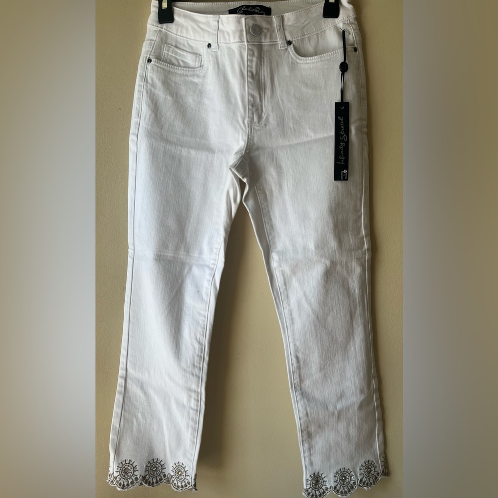 Charlie B Infinity Stretch White Denim Embellished Jeans NWT